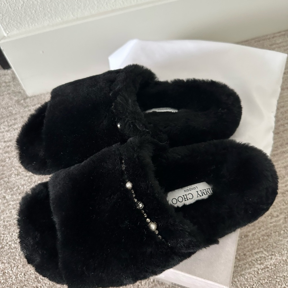 Jimmy Choo Fur and Crystal Embellishment Slides